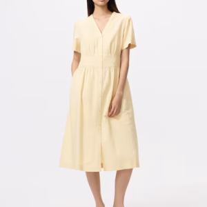 Đầm Vải Pha Linen Cổ V